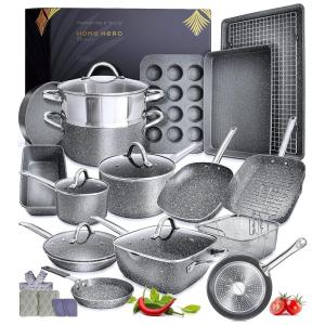 Jogo de Panelas e Frigideiras em Granito com Revestimento Antiaderente, 23 Peças, Home Hero, Cinza