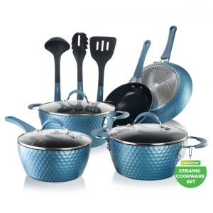 Conjunto de Panelas e Frigideiras Antiaderentes em Alumínio com Utensílios, 11 Peças, NutriChef, Azul Royal