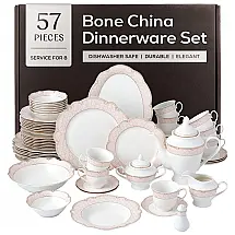 Aparelho de Jantar Joseph Sedgh Collection Sandra 57 Peças Bone China Serviço para 8 Rosa Blush Friso Dourado