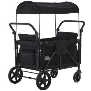 Carrinho de Passeio Vagão para 4 Crianças com Assentos Altos e Capota Removível, MOOITZ, Preto
