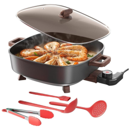 Panela Elétrica AORAN 30x30 cm 1500W c/ 5 Utensílios 6,5 L Antiaderente, Lava-Louças, Aquecimento Rápido, Tampa de Vidro