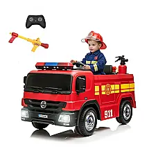 Carro Bombeiro Elétrico Infantil com Controle Remoto e 3 Velocidades, Bateria 12V, TLSUNNY, Vemelho