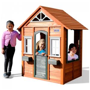 Casinha Infantil de Madeira para Área Externa com Porta Funcional, Design de Conceito Aberto e Suportes para Vasos de Flores