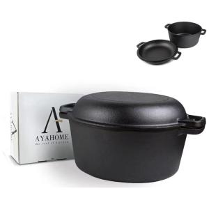 Panela de Ferro Fundido 2 em 1 Pré Preparada a Tampa é uma Frigideira, AYAHOME, Preto