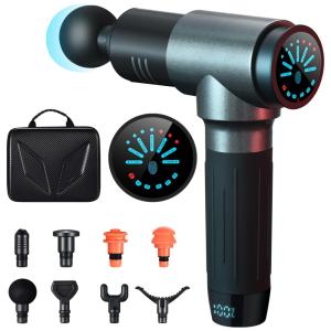 Massageador Pistola Elétrico Profissional Sem Fio com 8 Acessórios e 7 Velocidades, HAXERCISE, Cinza