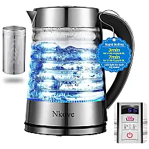 Chaleira Elétrica de Vidro 1,8L com Controle de Temperatura e Luz LED, 110V 1500W, NKOVE, Prata