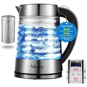 Chaleira Elétrica de Vidro 1,8L com Controle de Temperatura e Luz LED, 110V 1500W, NKOVE, Prata