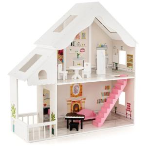 Casa de Bonecas em Madeira com Estante 2 em 1, 6 Quartos e Armazenamento Oculto para Crianças Acima de 3 Anos, Costzon, Branca
