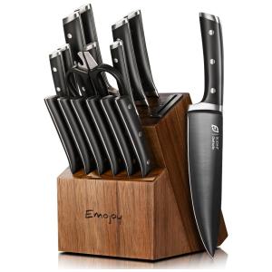 Conjunto de Facas em Aço Inoxidável com Bloco de Bancada, 15 Peças, EMOJOY, Marrom