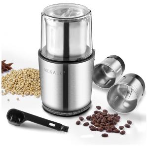 Moedor de Café Elétrico com 2 Tigelas de Aço Inoxidável, 110V 300W, MOSAIC, Prata