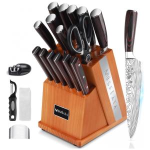 Conjunto de Facas em Aço Inoxidável com Bloco de Bancada, Cabo em Madeira e Afiador, 21 Peças, MOSFiATA, Marrom