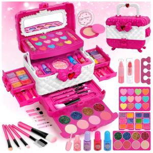 Kit de Maquiagem Infantil Lavável com 60 Peças para Crianças de 3 a 12 Anos, Teensymic Princesa, Rosa