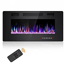 Lareira Elétrica Joy Pebble de 91 cm, Embutida ou de Parede, com Aquecedor 750/1500W, LED Touch, Controle Remoto, Timer, Chamas Ajustáveis