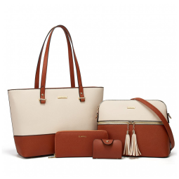 Conjunto de Bolsas Femininas em Couro Sintético 4 Peças com Carteira, Lovematch, Bege e Marrom