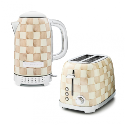 Conjunto chaleira elétrica e torradeira 2 fatias MacKenzie-Childs Mocha Check marrom e branca inox 110V