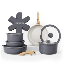 Jogo de Panelas e Frigideiras, Material em Alumínio com 16 Peças e Cabo Removível, Country Kitchen, Cinza