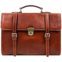 Bolsa Maleta de Couro Italiano Unissex para Laptop, Conhaque, TIME RESISTANCE, Marrom