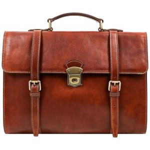Bolsa Maleta de Couro Italiano Unissex para Laptop, Conhaque, TIME RESISTANCE, Marrom