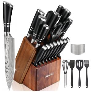 Conjunto de Facas IKOMMI em Aço Inoxidável com Afiador Embutido e Bloco de Bancada 23 Peças, Preto