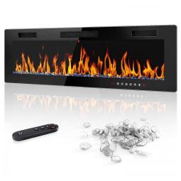 Lareira Elétrica de Embutir A46x152L com Temporizador, Chamas Ajustável e Tela Sensível ao Toque, LEMBERI, Preta