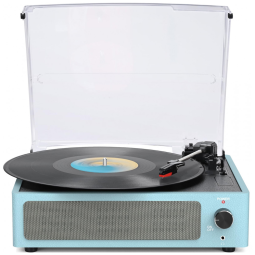 Toca-discos de Vinil com Alto-falantes - Novo Design Elegante Azul Celeste - Bluetooth, 3 Velocidades, Auto Stop - Tudo em um -WOCKODER
