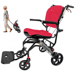 Cadeira de Rodas para Adultos ProTraverse Vermelha Dobrável Leve com Almofadas Removíveis Transporte Viagem com Alça Telescopica