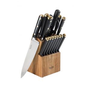 Conjunto de Facas de Cozinha Martha Stewart Lockton 16 Peças Preto com Detalhe Dourado e Bloco em Acácia