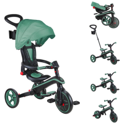 Triciclo Infantil Dobrável 4 em 1 com Dossel Ajustável, Alça de Direção dos Pais, Suporte para Copo e Arnês de Segurança, Globber, Verde