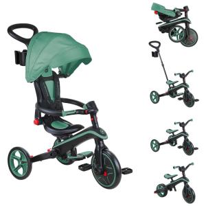 Triciclo Infantil Dobrável 4 em 1 com Dossel Ajustável, Alça de Direção dos Pais, Suporte para Copo e Arnês de Segurança, Globber, Verde