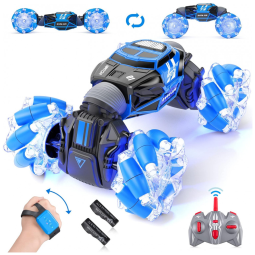 Carrinho de Controle Remoto e Sensor de Gestos com 2 Baterias, Luzes LED e Rotação 360, Powerextra, Azul