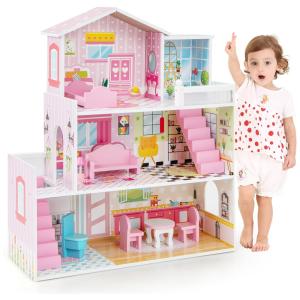 Casa de Bonecas em Madeira com 3 Andares e Móveis Simulados Costzon