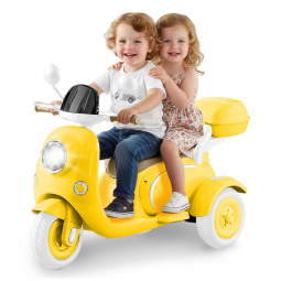 Moto Elétrica Infantil HEIMILI 12V Amarela 3 Rodas 2 Lugares com Bluetooth, MP3, Baú e Estabilidade