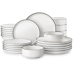 Conjunto de Pratos e Tigelas MALACASA, 24 Peças de Porcelana Moderna para 6 Pessoas - Utensílios de Cozinha Brancos com Acabamento Preto.