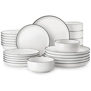 Conjunto de Pratos e Tigelas MALACASA, 24 Peças de Porcelana Moderna para 6 Pessoas - Utensílios de Cozinha Brancos com Acabamento Preto.