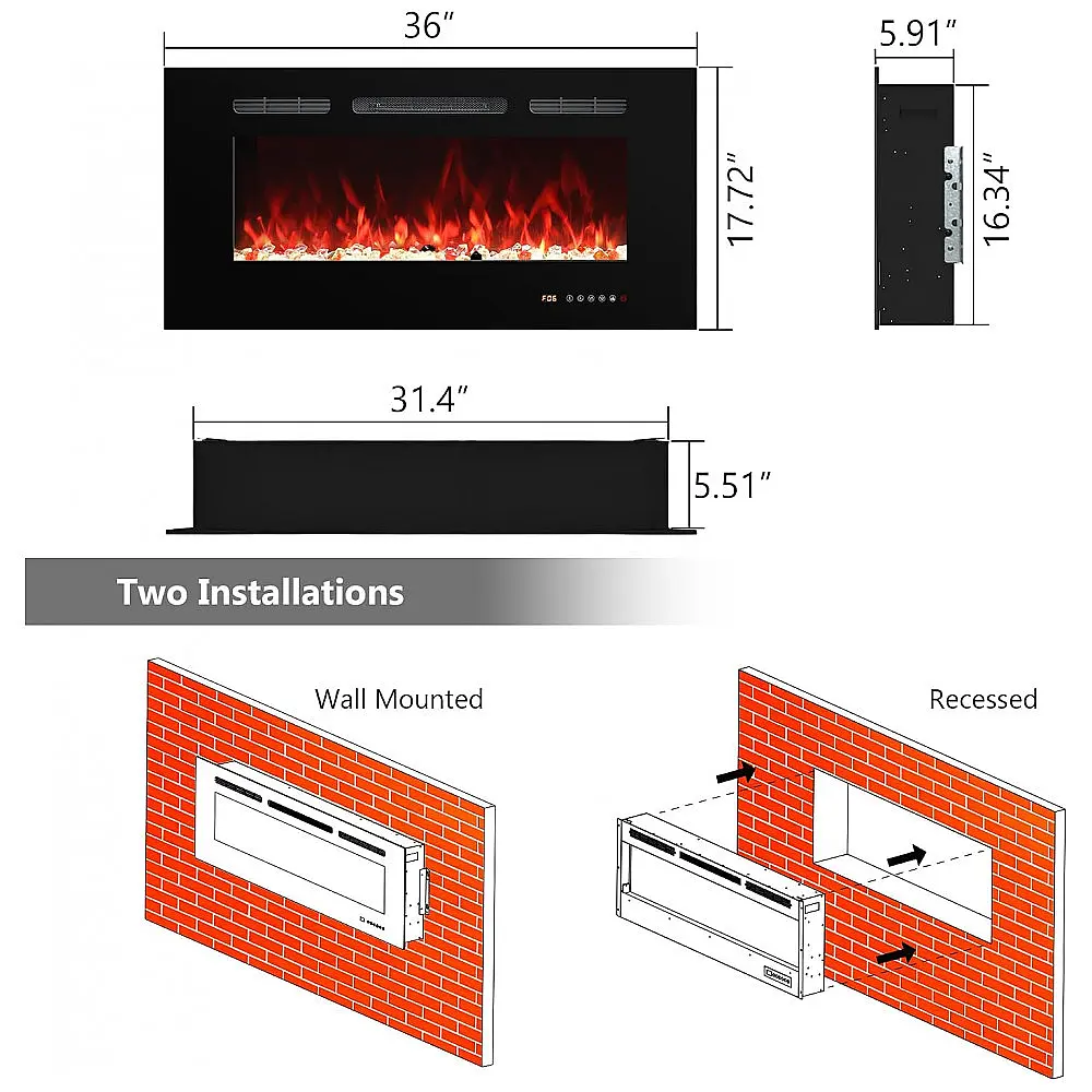 Lareira Elétrica Carsynflame 91 cm de Embutir ou Parede 1500 W 13 Cores de Chama com Controle Remoto Uso Interno — foto 2