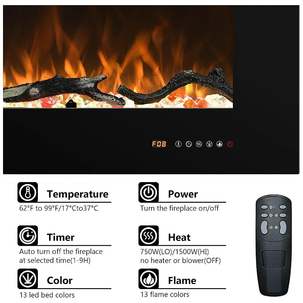 Lareira Elétrica Carsynflame 91 cm de Embutir ou Parede 1500 W 13 Cores de Chama com Controle Remoto Uso Interno — foto 3