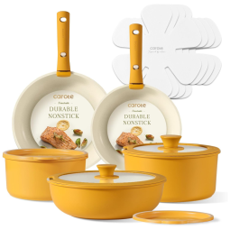 Jogo de Panelas CAROTE, Jogo de Utensílios de Cozinha Antiaderentes com Alça Removível, 15 peças para Indução, Resistente ao Forno, Amarelo