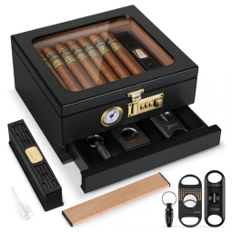 Umidor Charutos Tesonway Preto Higrômetro Frontal Gaveta 20-35 Charutos