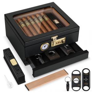 Umidor Charutos Tesonway Preto Higrômetro Frontal Gaveta 20-35 Charutos