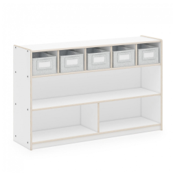Estante baixa Guidecraft EdQ Shelves and 5 Bin Storage Unit 30" Branca com 2 prateleiras e 5 nichos com caixas de tecido 122cm