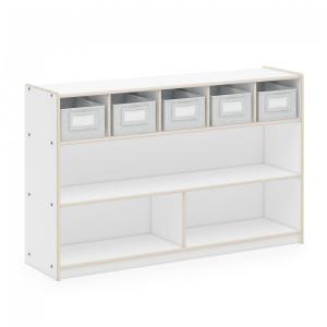 Estante baixa Guidecraft EdQ Shelves and 5 Bin Storage Unit 30" Branca com 2 prateleiras e 5 nichos com caixas de tecido 122cm
