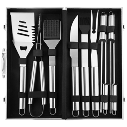 Kit Churrasco na Grelha 10 Peças de Aço Inoxidável com Estojo de zenamento, ODEKAI, Prateado