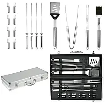 Kit Churrasco na Grelha 16 Peças de Aço Inoxidável com Estojo de zenamento, CXW, Prateado