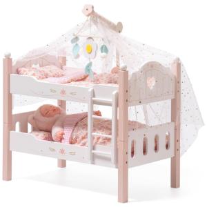 Cama de Boneca ROBUD, Beliche de Madeira para Bonecas, com Tule, Cama American Girl para Presentes, Rosa