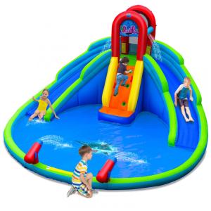 Parque aquático inflável BOUNTECH azul, vermelho e laranja com escorregadores duplos, piscina de respingos e estrutura em tecido oxford