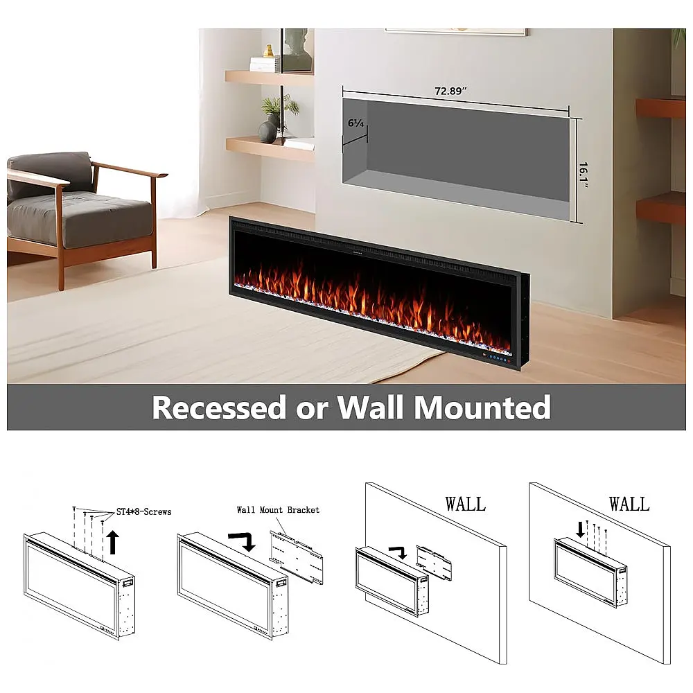 Lareira Elétrica de Embutir A42x188L cm com Controle Remoto por APP, Wi-Fi, Slim Recessed e 13 Cores de Chama, 110V 1500W, Benrocks BI74Z — foto 3