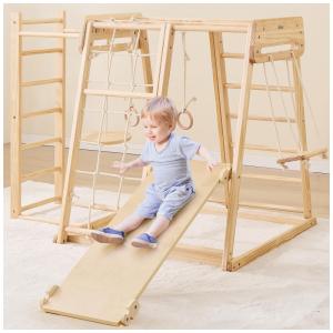 Playground Indoor 8 em 1 para Crianças, Ginásio de Madeira com Escorregador, Balanço e Rede de Escalada para Diversão Infinita,Belleur