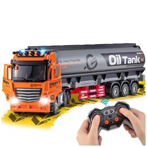 Caminhão Semi Truck de Controle Remoto com 9 Canais e Reboque de Metal, Caminhão Tanque de Óleo com Controle Remoto 2.4Ghz, Luzes e Sons