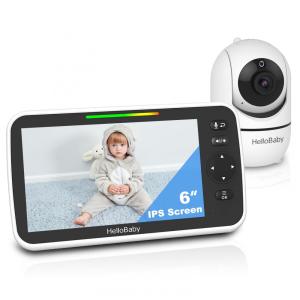 Babá Eletrônica com Divisão de Tela HelloBaby 6 IPS - Sem WiFi - Visão Noturna Infravermelha - Pan/Tilt/Zoom - 2 Vias de Áudio - 8 Canções