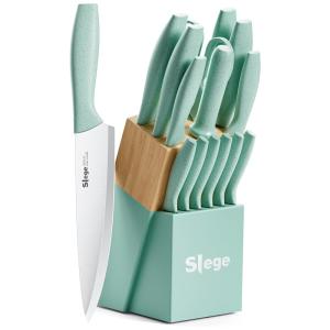 Conjunto de Facas em Aço Inoxidável com Bloco de Bancada, 15 Peças, SLEGE, Verde